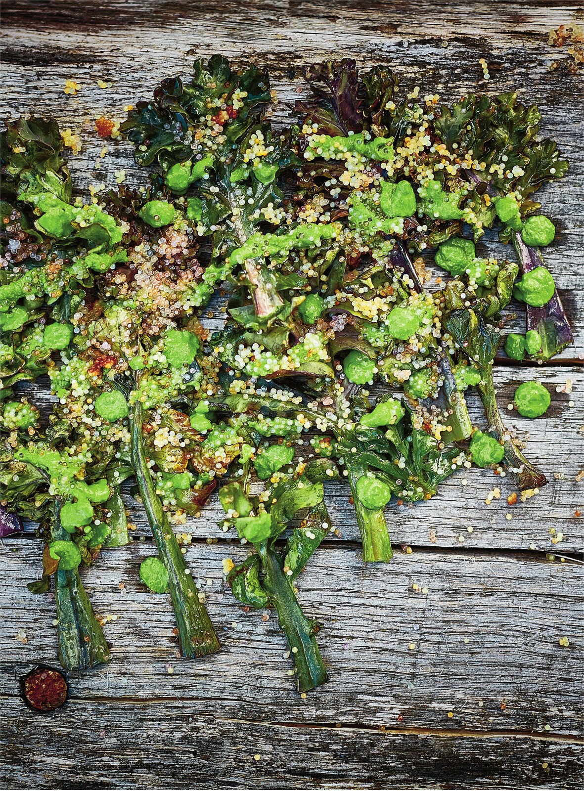 Grilled sea kale with smoked roe and wild garlic oil