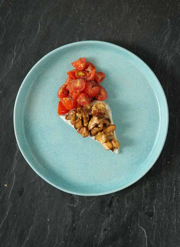 Hedgehog mushroom, turbot and tomato
